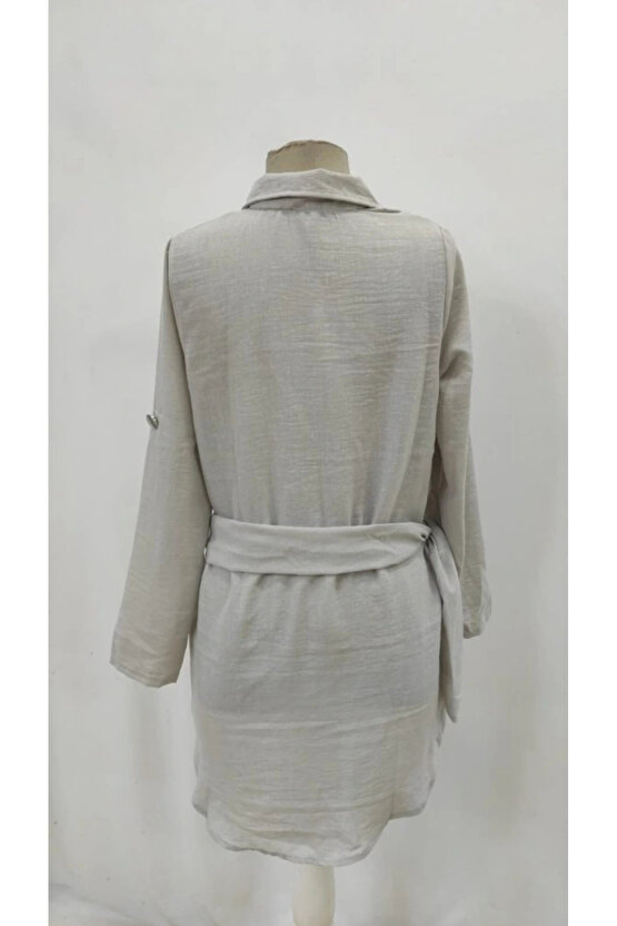 Kadın Uzun Kollu Yakalı önden Düğmeli Beli Kuşaklı Mini Ithal Keten Elbise