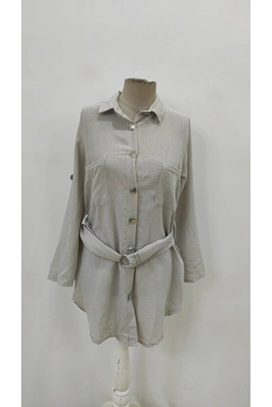 Kadın Uzun Kollu Yakalı önden Düğmeli Beli Kuşaklı Mini Ithal Keten Elbise