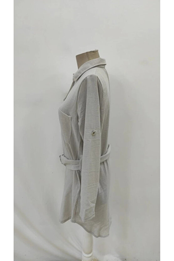 Kadın Uzun Kollu Yakalı önden Düğmeli Beli Kuşaklı Mini Ithal Keten Elbise