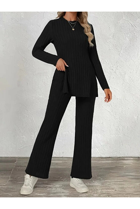 Kadın Uzun Kollu Bisiklet Yaka Yandan Yırtmaçlı şardonlu Kaşkorse Bluz Ve Pantolon Ikili Takım