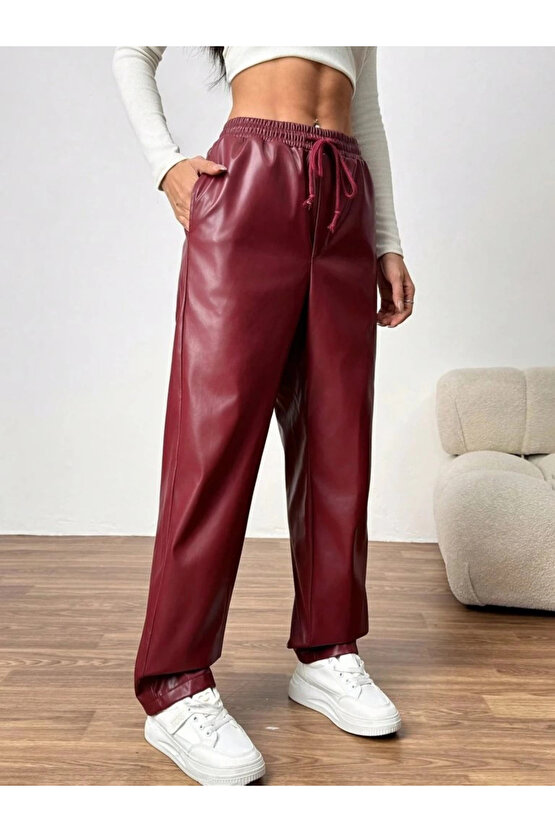 Kadın Yüksel Bel Bağcıklı Deri Pantolon