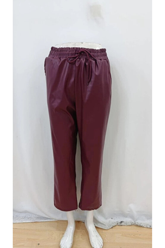 Kadın Yüksel Bel Bağcıklı Deri Pantolon