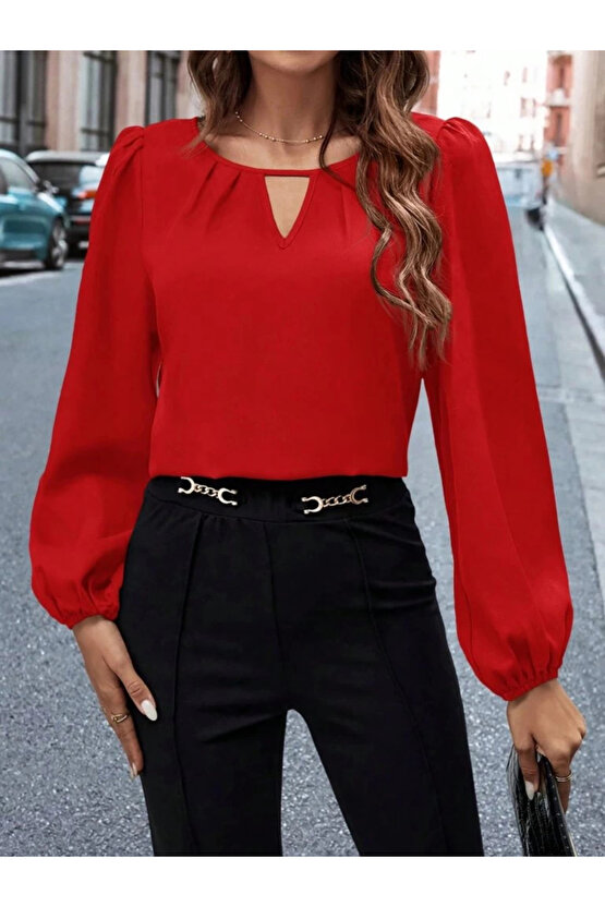 Kadın Uzun Kollu Damla Detaylı Ithal Krep Bluz