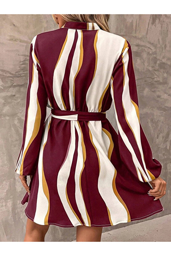 Kadın Uzun Kollu Kruvaze Yakalı Desenli Modal Mini Elbise