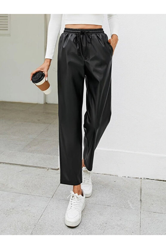 Kadın Yüksel Bel Bağcıklı Deri Pantolon