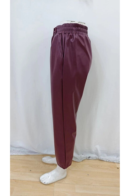 Kadın Yüksel Bel Bağcıklı Deri Pantolon