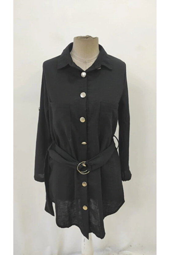 Kadın Uzun Kollu Yakalı önden Düğmeli Beli Kuşaklı Mini Ithal Keten Elbise