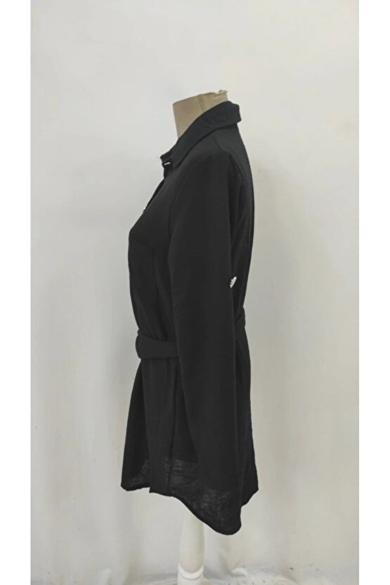 Kadın Uzun Kollu Yakalı önden Düğmeli Beli Kuşaklı Mini Ithal Keten Elbise