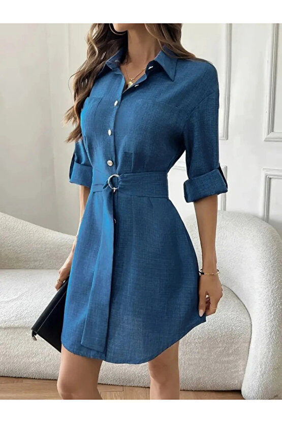Kadın Uzun Kollu Yakalı önden Düğmeli Beli Kuşaklı Mini Ithal Keten Elbise