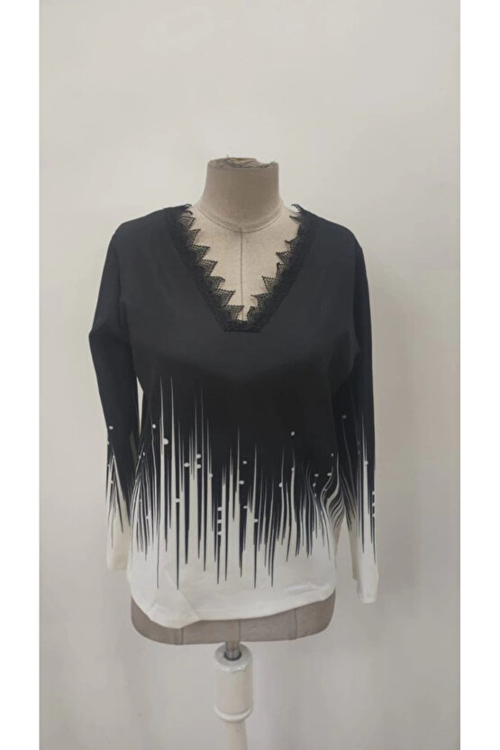 Kadın Uzun Kollu V Dantel Yaka Desenli Modal Bluz