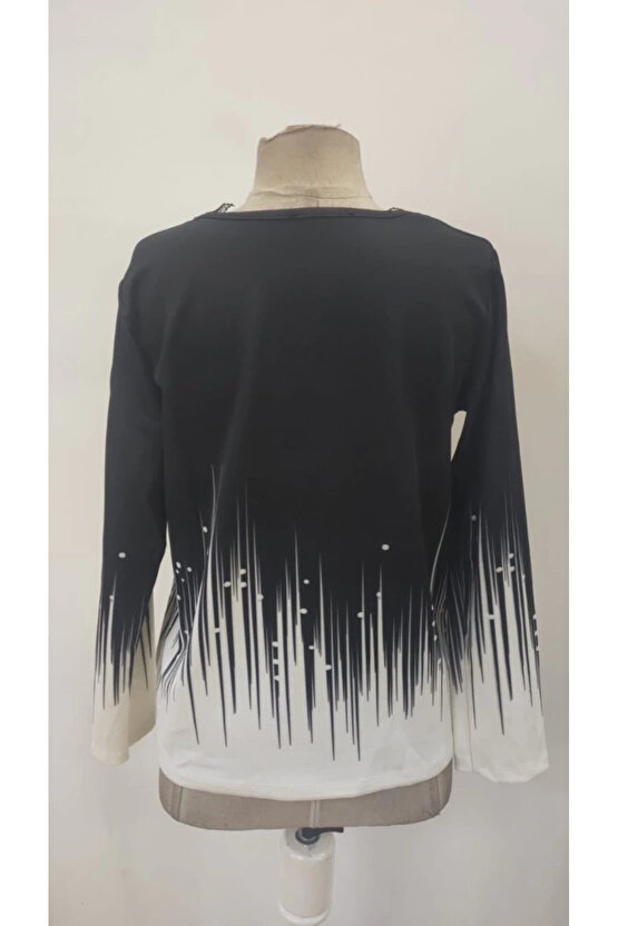 Kadın Uzun Kollu V Dantel Yaka Desenli Modal Bluz