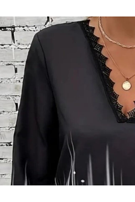 Kadın Uzun Kollu V Dantel Yaka Desenli Modal Bluz