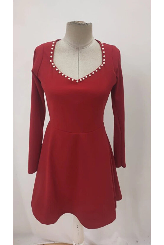 Kadın Uzun Kollu Inci Yakalı Kısa Ithal Krep Elbise