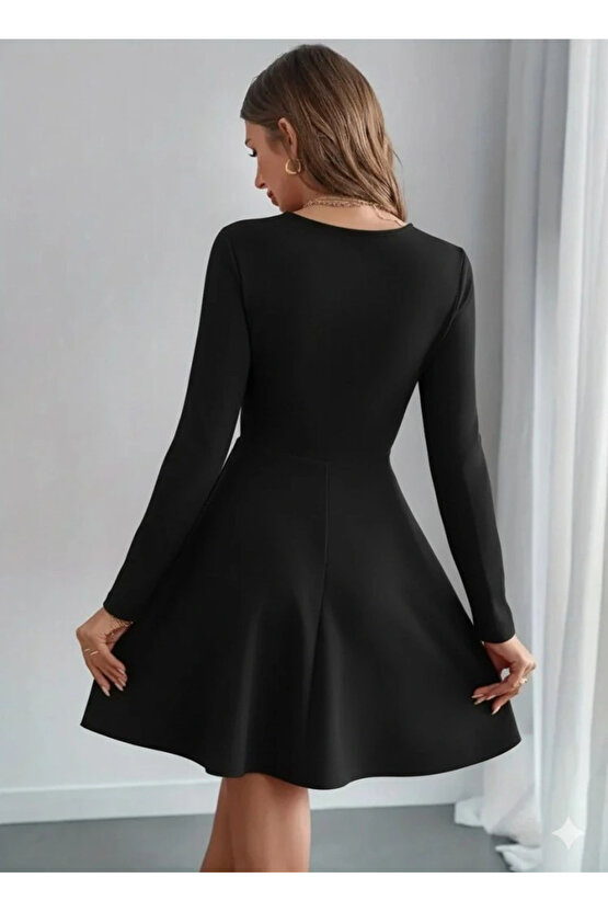 Kadın Uzun Kollu Inci Yakalı Kısa Ithal Krep Elbise