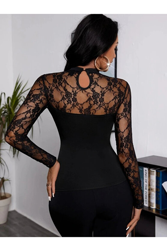 Kadın Uzun Kollu Dantel Detaylı Viskon Bluz