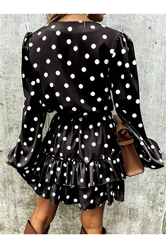Kadın Uzun Kollu V Yakalı Belden Kuşaklı Puantiyeli Mini Modal Elbise