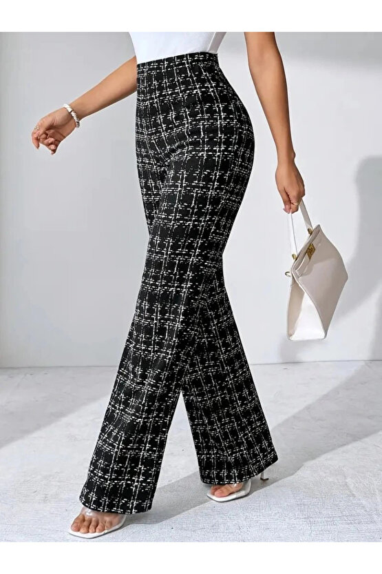 Kadın Yüksek Bel Paçaya Doğru Geniş Dokuma Pantolon