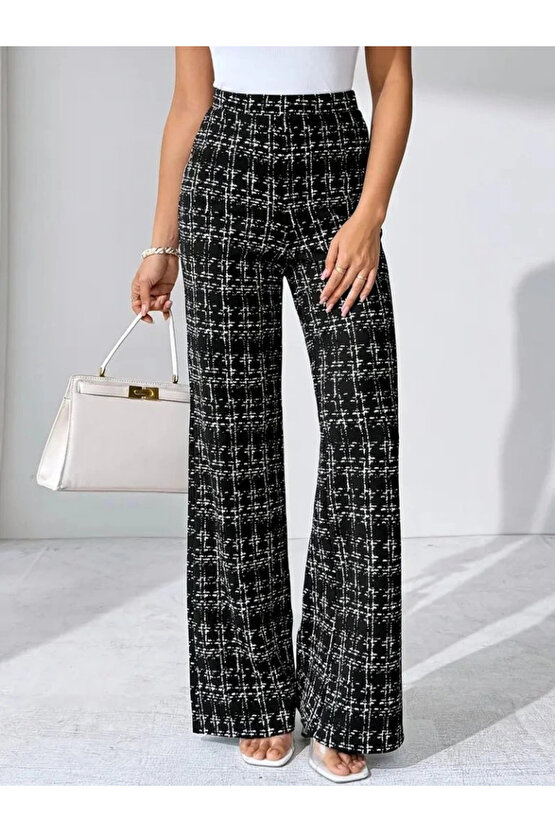 Kadın Yüksek Bel Paçaya Doğru Geniş Dokuma Pantolon