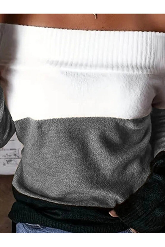 Kadın Uzun Kollu Omuzlardan Açık Uzun Kollu Blok çizgili Triko Bluz