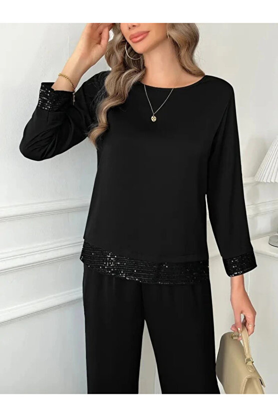 Kadın Uzun Kollu Bisiklet Yaka Pulpayetli Viskon Iki Iplik Bluz Ve Pantolon Ikili Takım