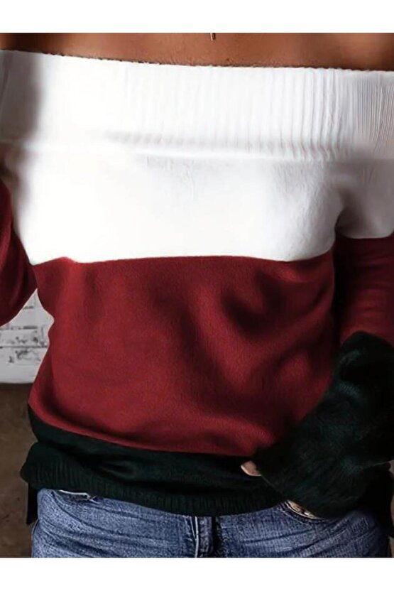 Kadın Uzun Kollu Omuzlardan Açık Uzun Kollu Blok çizgili Triko Bluz