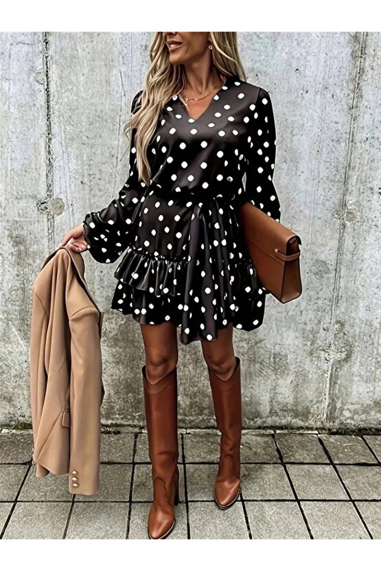 Kadın Uzun Kollu V Yakalı Belden Kuşaklı Puantiyeli Mini Modal Elbise