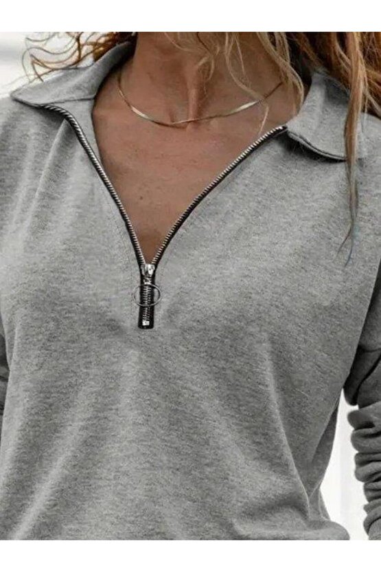 Kadın Uzun Kollu Yakalı Fermuarlı Iki Iplik Bluz