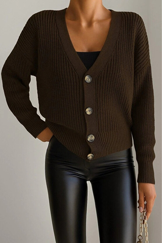 Kadın Uzun Kollu Düğme Detay Triko Hırka