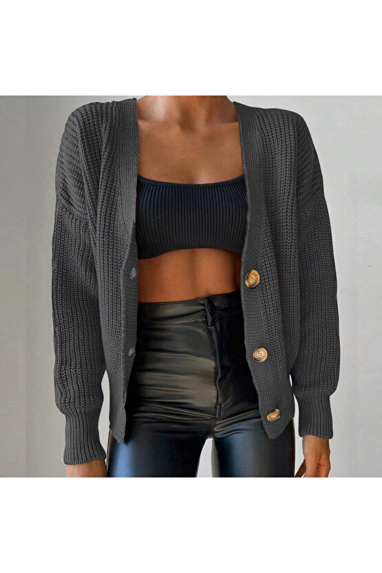 Kadın Uzun Kollu Düğme Detay Triko Bluz