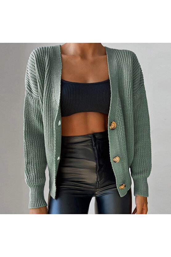 Kadın Uzun Kollu Düğme Detay Triko Bluz