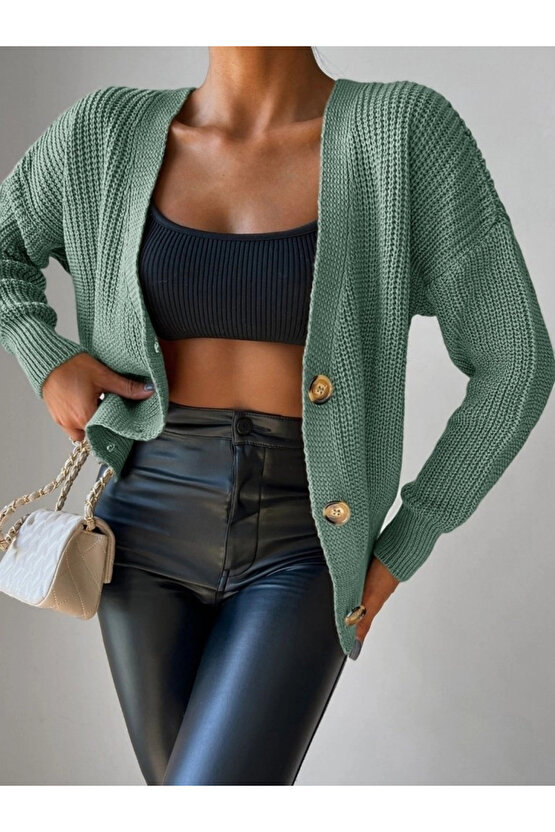 Kadın Uzun Kollu Düğme Detay Triko Bluz