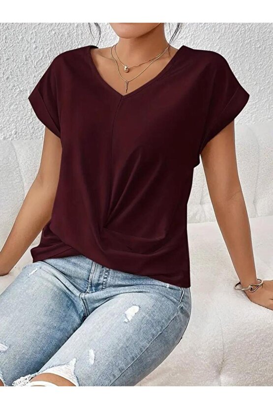 Kadın Kısa Kollu V Yakalı önden çapraz Geçmeli Detay Viskon Bluz