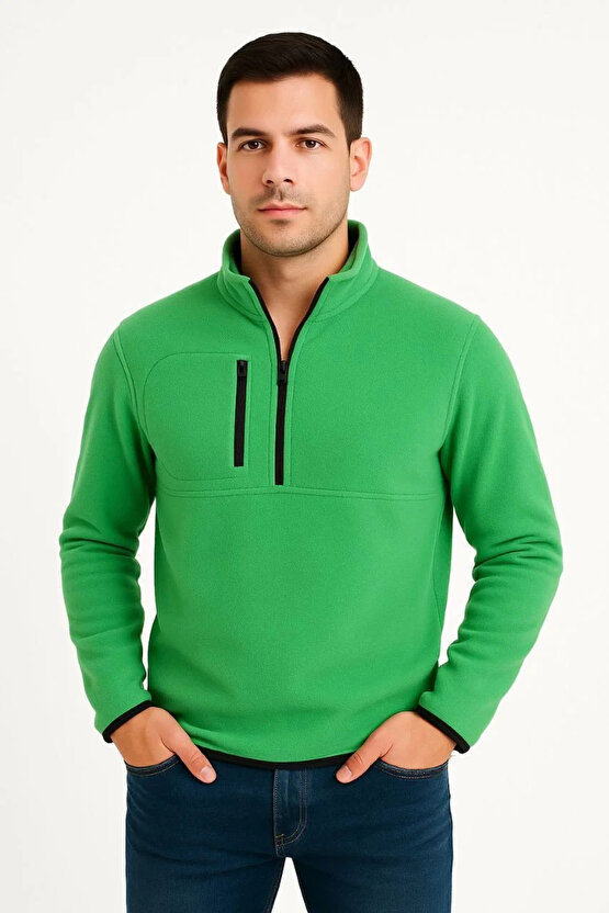 Erkek Polar Kazak – Dik Yaka, Yarım Fermuarlı, Fermuarlı Göğüs Cepli, Siyah Biyeli, Kışlık Rahat Reg