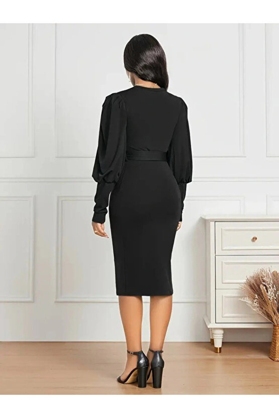 Kadın Uzun Kollu Bisiklet Yaka Beli Kuşaklı Ithal Krep Midi Elbise