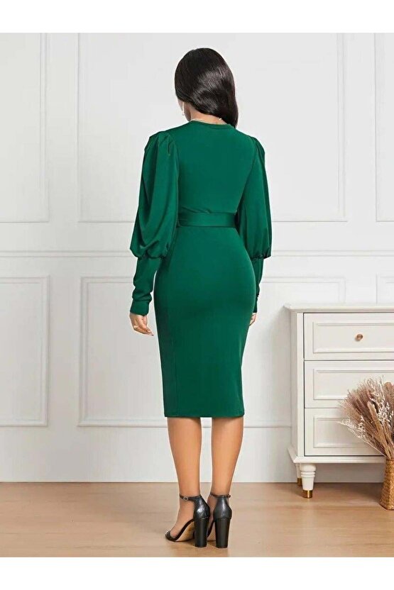 Kadın Uzun Kollu Bisiklet Yaka Beli Kuşaklı Ithal Krep Midi Elbise