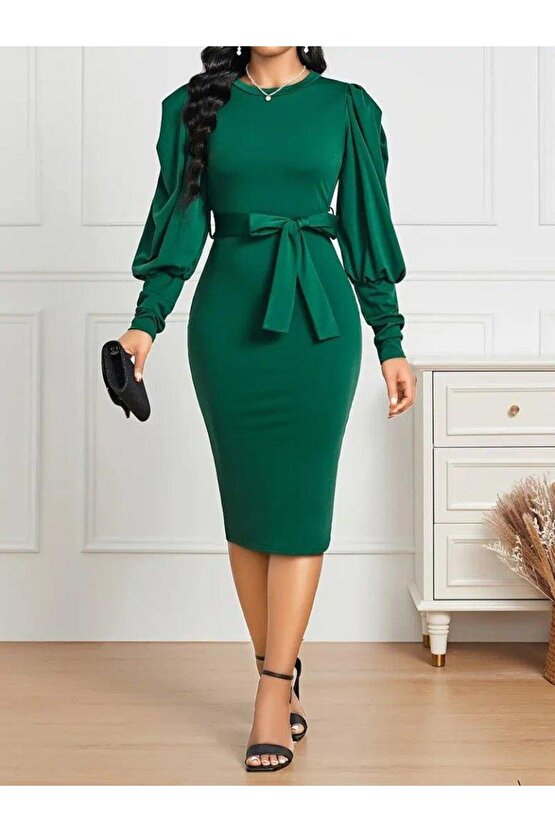 Kadın Uzun Kollu Bisiklet Yaka Beli Kuşaklı Ithal Krep Midi Elbise