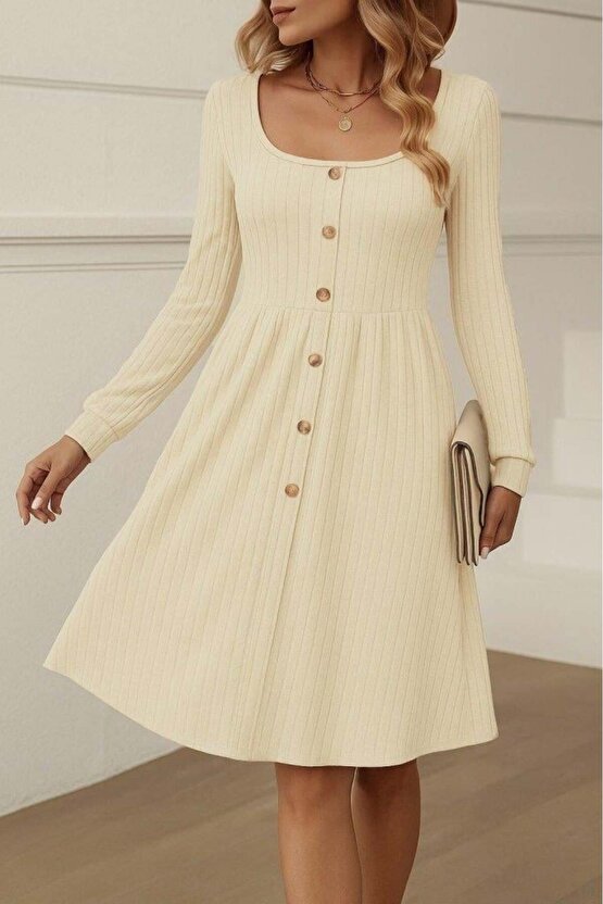 Kadın Uzun Kollu Kare Yaka Düğmeli Kısa şardonlu Iki Iplik Mini Elbise