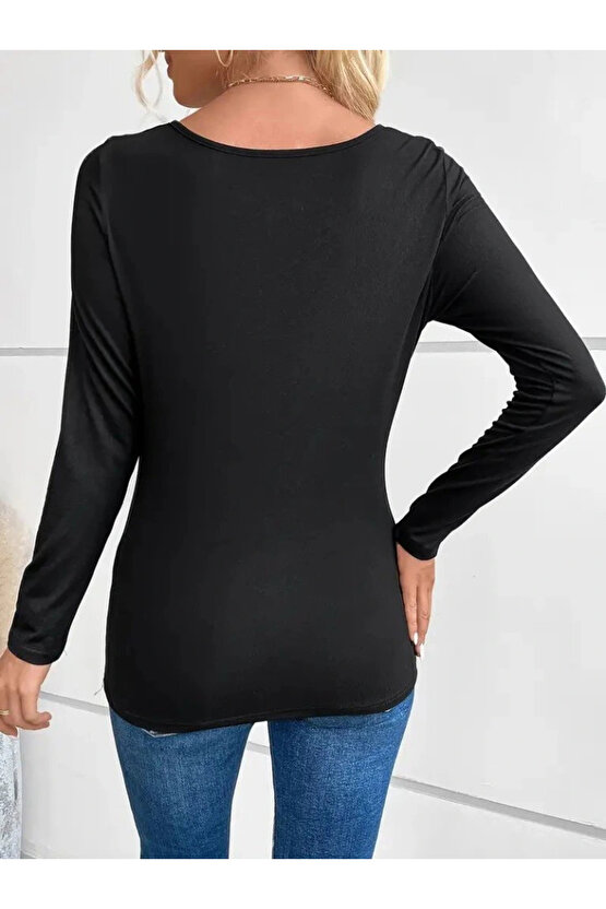 Kadın Uzun Kollu Derin Degaje Yakalı Taşlı Sandy Bluz