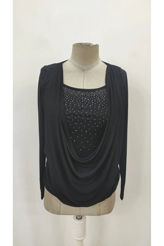 Kadın Uzun Kollu Derin Degaje Yakalı Taşlı Sandy Bluz