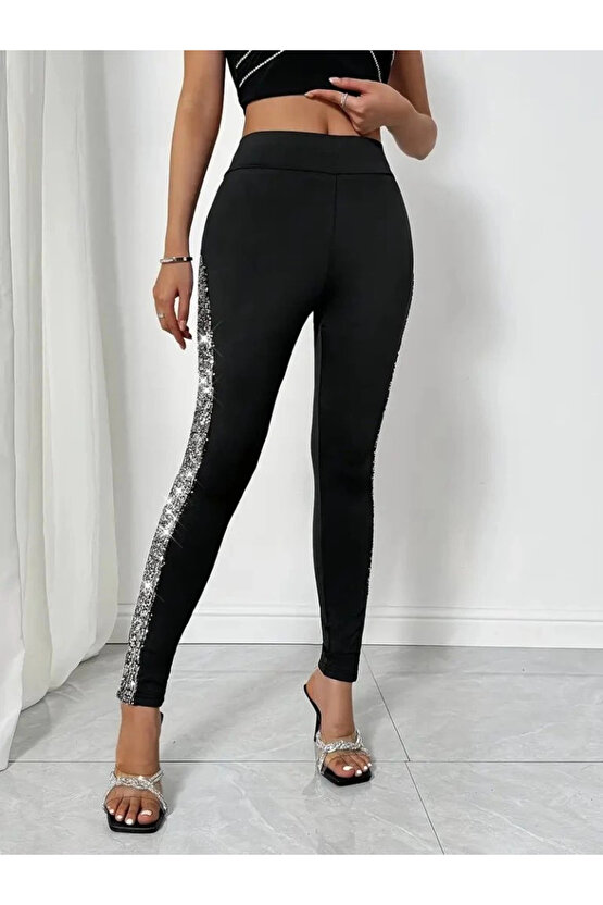 Kadın Yüksek Bel Yarı şerit Pul Payetli Dalgıç Tayt