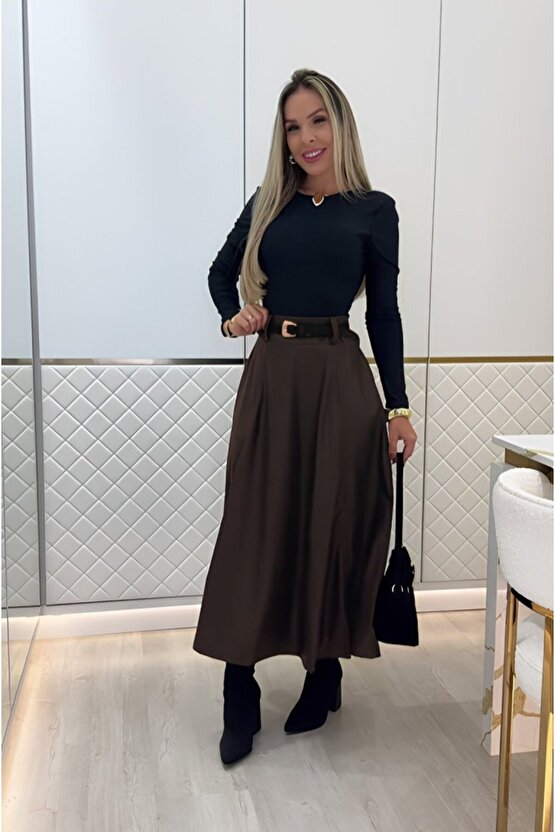 EQURİ Kadın Yüksek Belli Maxi Deri Kemersiz Etek