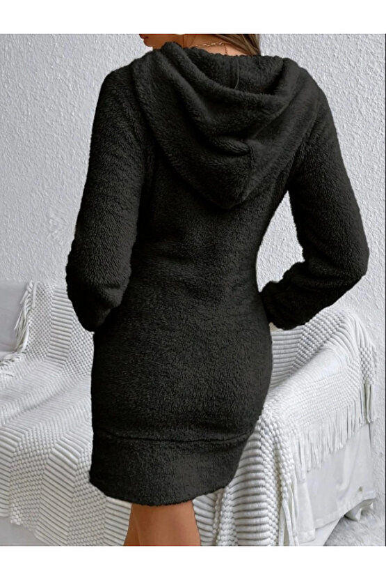 Kadın Uzun Kollu Kapşonlu Cepli Mini Peluş Elbise
