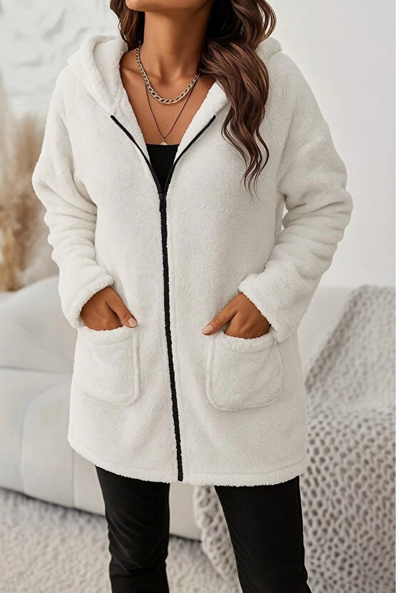 Kadın Uzun Kollu Kapşonlu önden Fermuarlı Cepli Welsoft Ceket