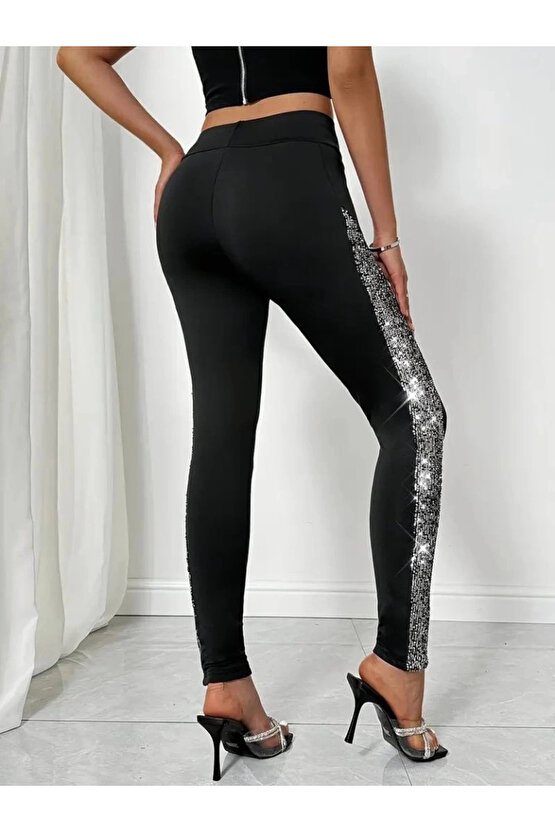 Kadın Yüksek Bel Yarı şerit Pul Payetli Dalgıç Tayt