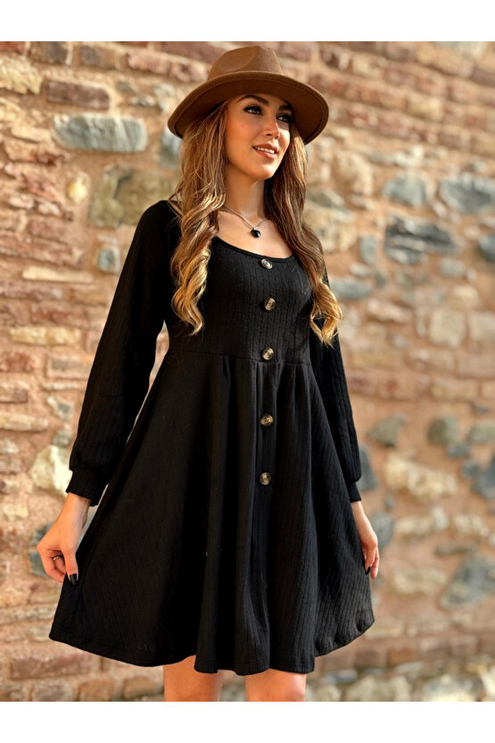 Kadın Uzun Kollu Kare Yaka Düğmeli Kısa şardonlu Iki Iplik Mini Elbise