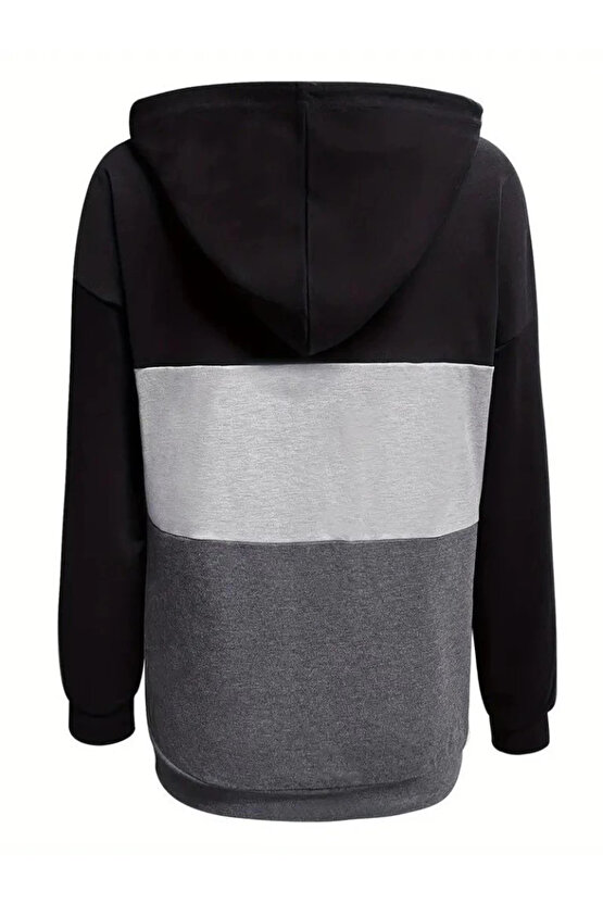 Kadın Uzun Kollu Kapşonlu çok Renkli Iki Iplik Bluz