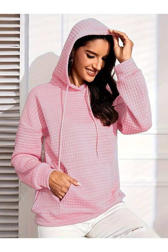 Kadın Uzun Kollu Kapşonlu Bağcıklı Cepli Capitone Sweatshirt