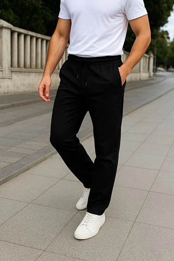 Erkek Keten Pantolon – Cepli, Beli Lastikli ve Bağcıklı, Nefes Alan Rahat Kalıp, Yazlık ve Baharlık