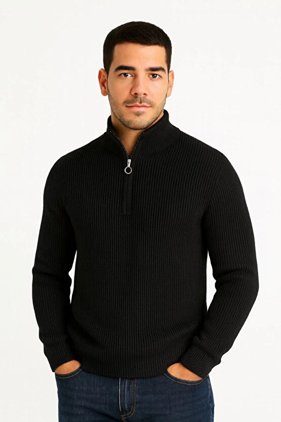 Erkek Yarım Fermuarlı Triko Kazak – Selanik Örgü, Dik Yaka, Pamuklu Dokuma, Regular Fit Uzun Kollu K