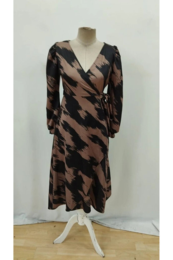 Kadın Uzun Kollu Kruvaze Yakalı Yandan Bağlamalı Desenli Mini Modal Elbise